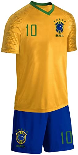 Blackshirt Company Brasilien Kinder Trikot Set Retro 2 TLG. Fußball WM EM Fan Zweiteiler Gelb Blau Größe 104 von Blackshirt Company