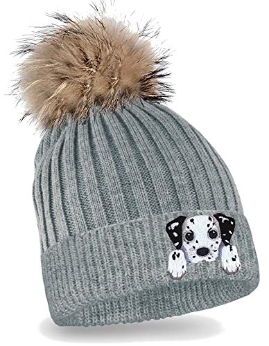 Blackshirt Company Kinder Mütze Dalmatiner Strickmütze mit Bommel Beanie Kappe Farbe Grau von Blackshirt Company