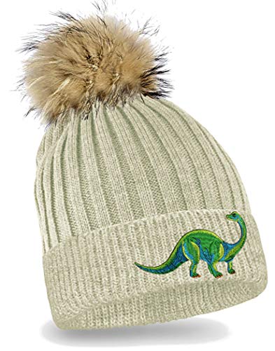 Blackshirt Company Kinder Mütze Dinosaurier Strickmütze mit Bommel Beanie Dino Kappe Farbe Beige von Blackshirt Company