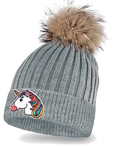 Blackshirt Company Kinder Mütze Einhorn Strickmütze mit Bommel Beanie Buntes Einhorn Kappe Farbe Grau von Blackshirt Company