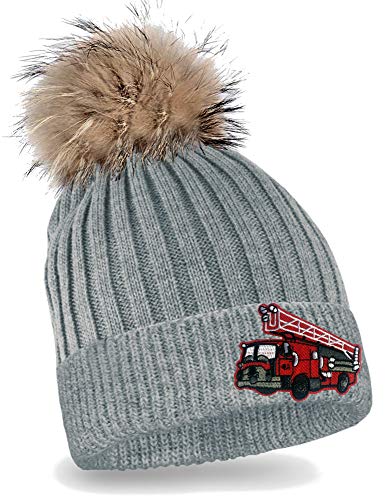 Blackshirt Company Kinder Mütze Feuerwehrauto Strickmütze mit Bommel Beanie Feuerwehr Kappe Farbe Grau von Blackshirt Company