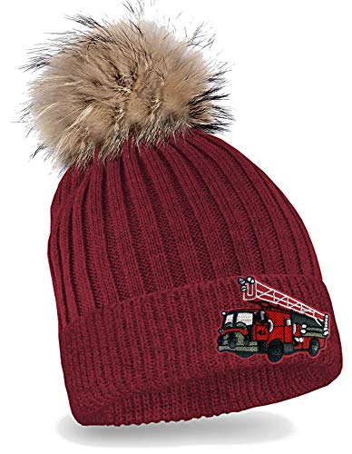 Blackshirt Company Kinder Mütze Feuerwehrauto Strickmütze mit Bommel Beanie Feuerwehr Kappe Farbe Rot von Blackshirt Company