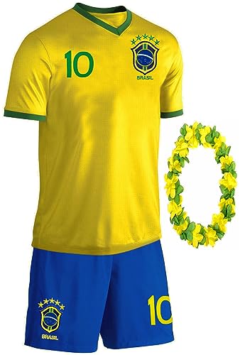 Blackshirt Company Kinder Brasilien Sport Trikot Fußball WM EM Fan Set Dreiteiliges Sporttrikot Gelb Blau Größe 104 von Blackshirt Company