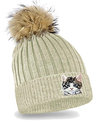 Blackshirt Company Kinder Mütze Katze Strickmütze mit Bommel Beanie Katzen Kappe Farbe Beige von Blackshirt Company