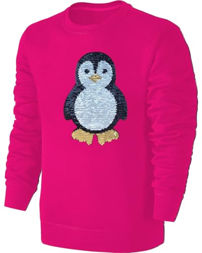 Blackshirt Company Kinder Pinguin Wendepailletten Sweatshirt - Mädchen Streichel Pullover Pulli Hoodie - Pink Größe 128 von Blackshirt Company