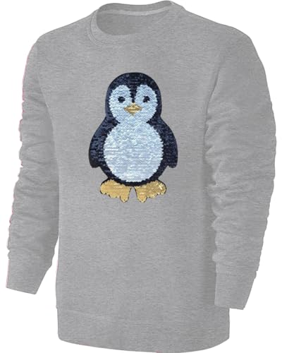 Blackshirt Company Kinder Pinguin Wendepailletten Sweatshirt - Streichel Pullover Pulli Hoodie - Grau Größe 116 von Blackshirt Company