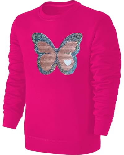Blackshirt Company Kinder Schmetterling Wendepailletten Sweatshirt - Mädchen Falter Tagfalter Streichel Pullover Pulli Hoodie - Pink Größe 152 von Blackshirt Company