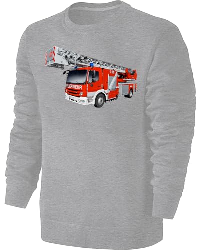 Blackshirt Company Kinder Sweatshirt Feuerwehrauto - Drehleiter Feuerwehr Pullover Pulli Hoodie - Grau Größe 104 von Blackshirt Company