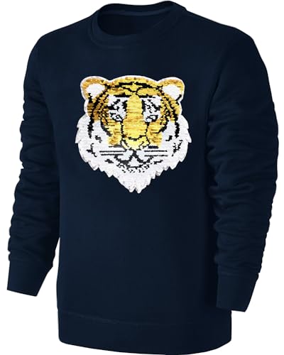 Blackshirt Company Kinder Wendepailletten Sweatshirt Tiger - Streichel Pullover Pulli Hoodie - Deep Navy Blue/Blau Größe 152 von Blackshirt Company