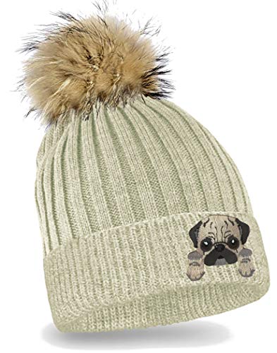 Blackshirt Company Kinder Mütze Mops Strickmütze mit Bommel Beanie Kappe Farbe Beige von Blackshirt Company