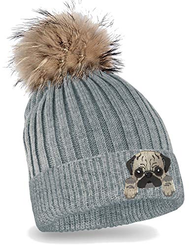 Blackshirt Company Kinder Mütze Mops Strickmütze mit Bommel Beanie Kappe Farbe Grau von Blackshirt Company