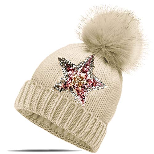 Blackshirt Company Strickmütze Glitzer Pailletten Stern Wintermütze mit Teddyfutter und Fellbommel Farbe Beige Blackshirt Company Strickmütze Glitzer Pailletten Stern Wintermütze mit Teddyfutter und Fellbommel Farbe Beige von Blackshirt Company