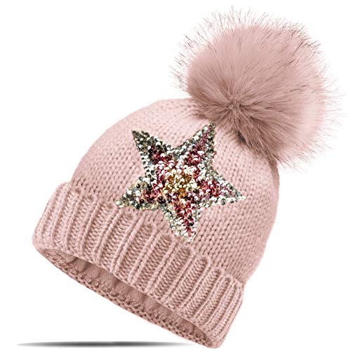 Blackshirt Company Strickmütze Glitzer Pailletten Stern Wintermütze mit Teddyfutter und Fellbommel Farbe Rosa Blackshirt Company Strickmütze Glitzer Pailletten Stern Wintermütze mit Teddyfutter und Fellbommel Farbe Rosa von Blackshirt Company