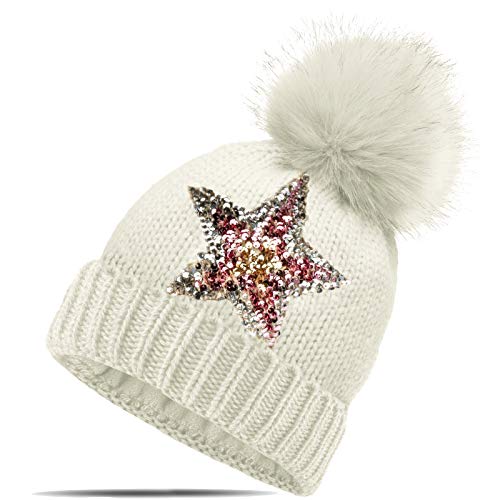 Blackshirt Company Strickmütze Glitzer Pailletten Stern Wintermütze mit Teddyfutter und Fellbommel Farbe Weiss Blackshirt Company Strickmütze Glitzer Pailletten Stern Wintermütze mit Teddyfutter und Fellbommel Farbe Weiss von Blackshirt Company