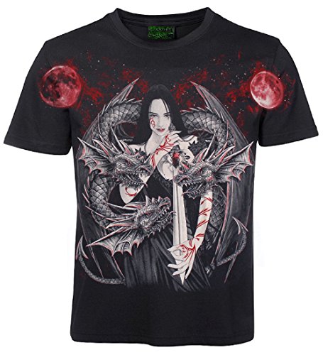 Damen Herren T-Shirt Drachen Drachenfrau Allprint Biker Shirt Schwarz Größe XL von Blackshirt Company