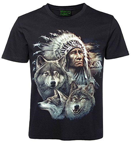 Herren Damen T-Shirt Wolf Indianer Häuptling Wölfe Shirt Schwarz Größe S von Blackshirt Company