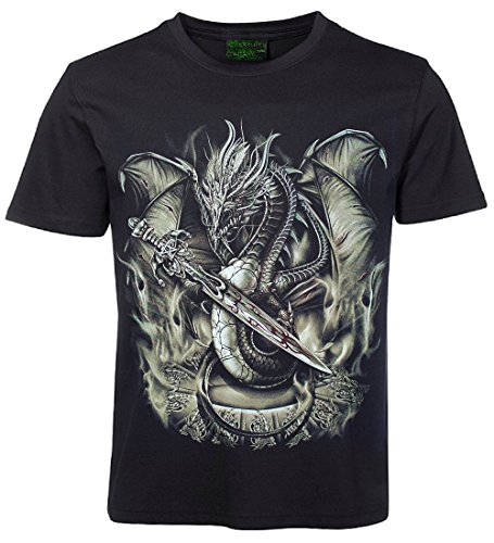 Herren Damen T-Shirt Drache mit Dolch Biker Shirt Schwarz Größe M von Blackshirt Company
