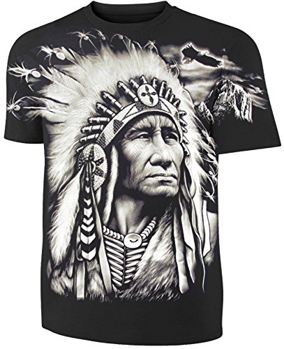 Herren Damen T-Shirt Indianer Häuptling Allprint Biker Shirt Schwarz Größe XXL von Blackshirt Company