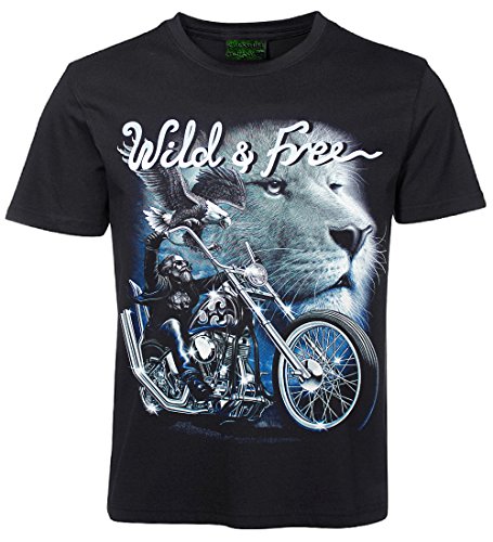 Herren Damen T-Shirt Motorrad Löwe Wild & Free Biker Shirt Schwarz Größe XXXL von Blackshirt Company