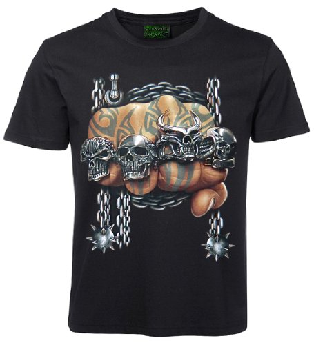 Herren Damen T-Shirt Skull Tattoo Ringe Faust Morgenstern Shirt Schwarz Größe XL von Blackshirt Company