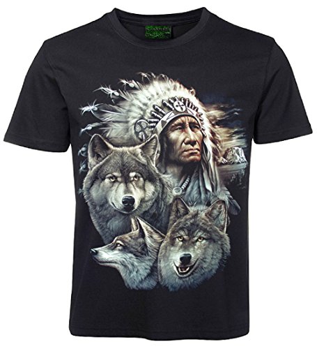 Herren Damen T-Shirt Wolf Indianer Häuptling Wölfe Shirt Schwarz Größe XL von Blackshirt Company