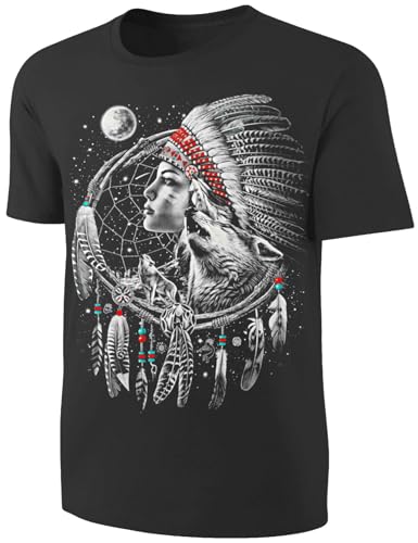 T-Shirt Indianer-Squaw Heulende Wölfe im Traumfänger - Damen Herren Shirt Indianerin Wolf Federschmuck Größe M von Blackshirt Company