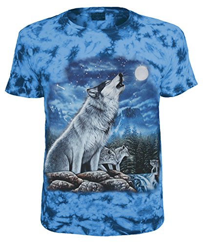 Herren Damen T-Shirt Wolf Heulende Wölfe Batik Shirt Blau Größe XXL von Blackshirt Company