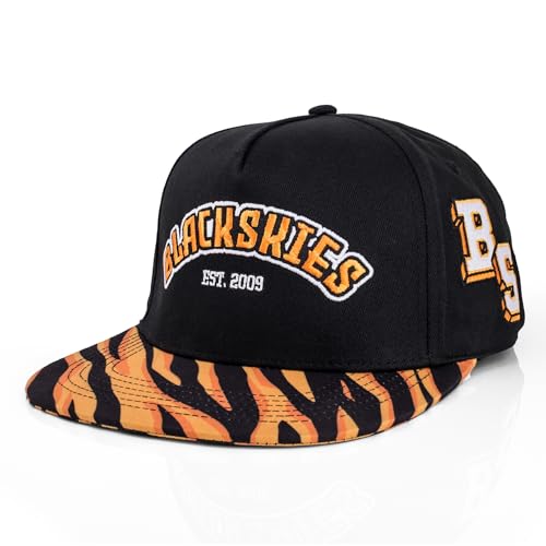 Blackskies Beast Mode Snapback Cap | Damen Herren Baseball Mütze Kappe Basecap Schwarz Orange Tiger Katze Savanne von Blackskies