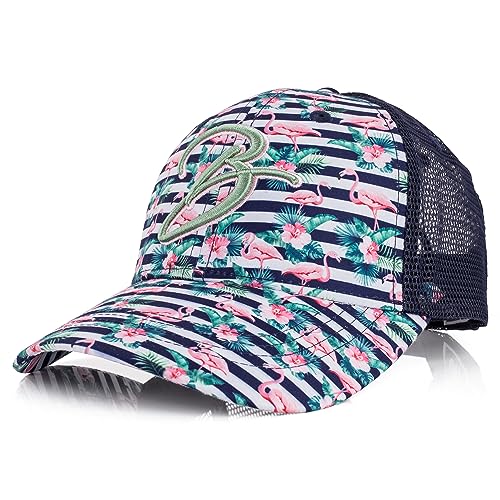 Blackskies® Tropical Flamingo Trucker Cap | Herren Damen Schirm Premium Snapback Trucker Mütze Floral Basecap Kappe Blau-Weiß Gestreift von Blackskies