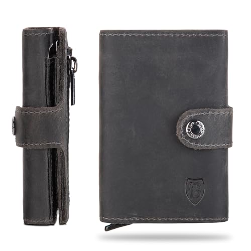 Blade® Kartenetui Herren mit Münzfach I 6-8 Kartenhalter I Leder Kreditkartenetui mit RFID Schutz I Mini Wallet Pop Up I Karten Portemonnaie I Credit Card Holder Wallet I Geldbörse I Grau von Blade