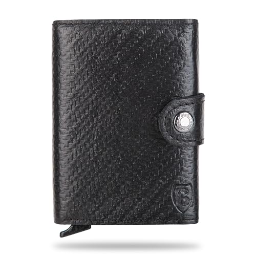 Blade® Kartenetui Herren ohne Münzfach I 6-8 Kartenhalter I Leder Kreditkartenetui mit RFID Schutz I Mini Wallet Pop Up I Karten Portemonnaie I Credit Card Holder Wallet I Carbon Schwarz von Blade