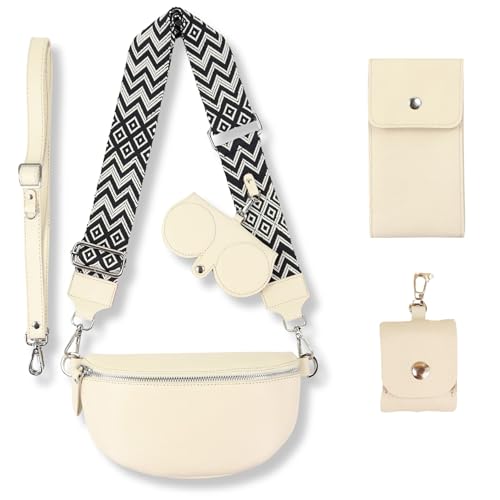 Blade Bauchtasche Damen Echtleder, stylisch Umhängetasche Damen, Crossbody Bag Damen mit 2 Gurten mit Komplettset (Brille Etui+Handytasche+Portemonnaie+AirpodsEtui) Creme (Groß/Opt-7) von Blade