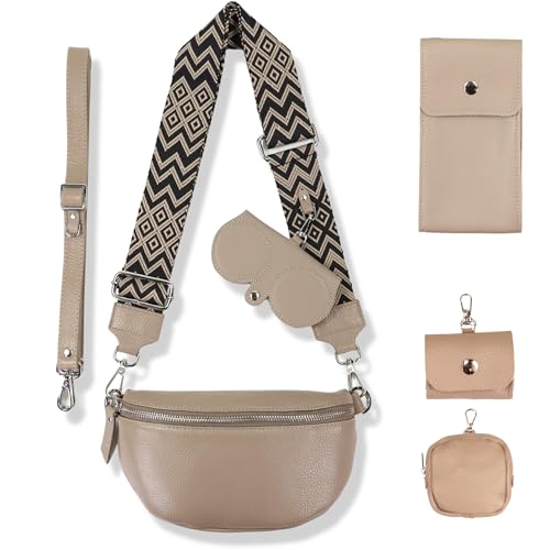 Blade Bauchtasche Damen Echtleder, stylisch Umhängetasche Damen, Crossbody Bag Damen mit 2 Gurten mit Komplettset (Brille Etui+Handytasche+Portemonnaie+AirpodsPROEtui) Beige (Mittel/OPT-8) von Blade