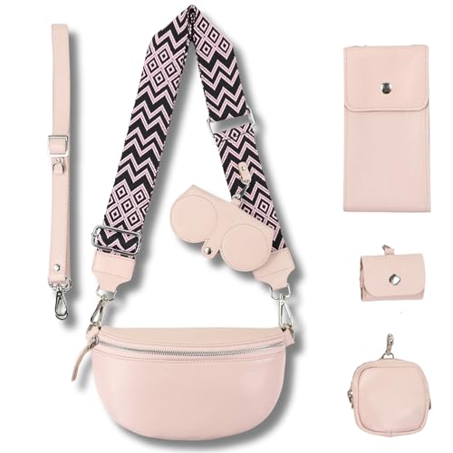 Blade Bauchtasche Damen Echtleder, stylisch Umhängetasche Damen, Crossbody Bag Damen mit 2 Gurten mit Komplettset (Brille Etui+Handytasche+Portemonnaie+AirpodsPROEtui) PINK (Mittel/OPT-8) von Blade