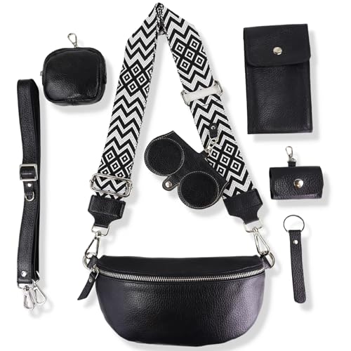 Blade Bauchtasche Damen Echtleder, stylisch Umhängetasche Damen, Crossbody Bag Damen mit 2 Gurten mit Komplettset (Brille Etui+Handytasche+Portemonnaie+AirpodsPROEtui) Schwarz (Mittel/Opt-8) von Blade