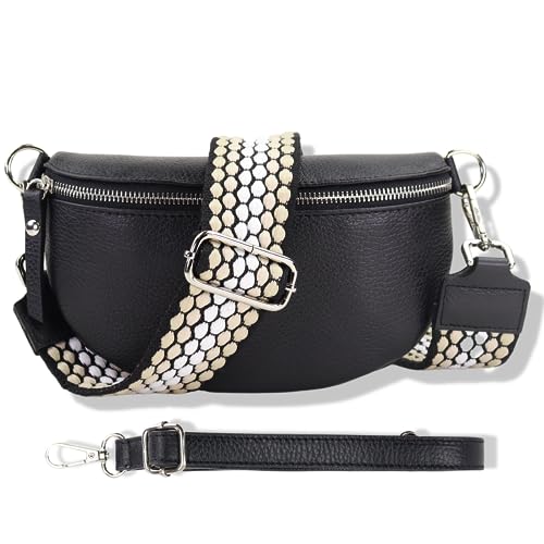 Blade Bauchtasche Damen Echtleder, stylische Gürteltasche Damen mit 2 gemusterten und Leder abnehmbaren & verstellbaren Breiten Gürteln, Crossbody Bag Damen, Hochwertige Brusttasche für Frauen von Blade