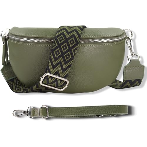 Blade Bauchtasche Damen Echtleder, stylische Gürteltasche Damen mit 2 gemusterten und Leder abnehmbaren & verstellbaren Breiten Gürteln, Crossbody Bag Damen, Hochwertige Brusttasche für Frauen-Khaki von Blade