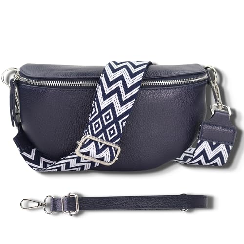 Blade Bauchtasche Damen Echtleder, stylische Gürteltasche Damen mit 2 gemusterten und Leder abnehmbaren & verstellbaren Breiten Gürteln, Crossbody Bag Damen, Hochwertige Tasche für Frauen-Navy von Blade