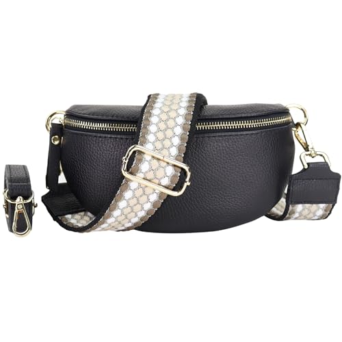 Blade Gold Bauchtasche Damen Echtleder, stylische Gürteltasche Damen mit 2 gemusterten und Leder abnehmbaren & verstellbaren Breiten Gürteln, Crossbody Bag Damen, Hochwertige Brusttasche für Frauen von Blade