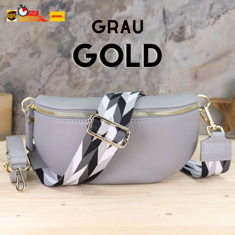 Grau Crossbody Und Gürteltasche Gold Reißverschluss Mit Gemusterten Riemen, Leder Umhängetasche, Gürteltasche, Bauchtasche Riemen von BladeLeather