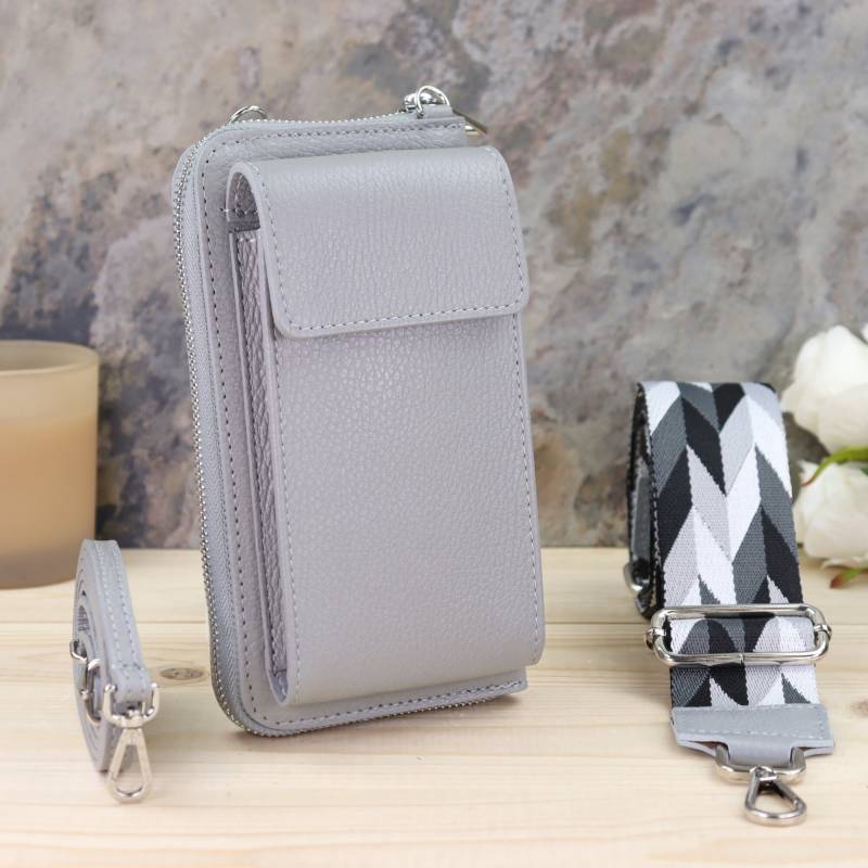Grau Mini Messenger Leder Umhängetasche Und Geldbörse, Kartenschlitze, Kleine Crossbody Handytasche Mit Gemustertem Gürtel, Valentinstag von BladeLeather