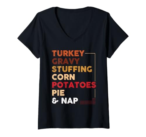 Damen Truthahn -Soße Füllung Maiskartoffeln Kuchen und Nickerchen T-Shirt mit V-Ausschnitt Damen Truthahn -Soße Füllung Maiskartoffeln Kuchen und Nickerchen T-Shirt mit V-Ausschnitt von Blätter, Liebe und Reste