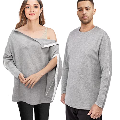Schulterchirurgie Hemden, Unisex Rehabhemd mit diskreten Schulterknöpfen, Chemo-Kleidung, Langarmshirt Herren & Damen (Grau, Small) von Blamoche