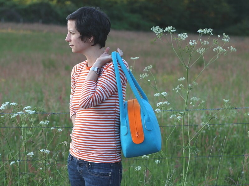 Handtasche L "Türkis-Orange-Beige" von BlandineTaschenShop