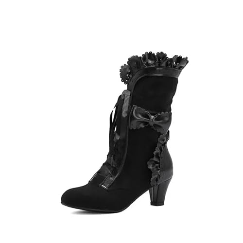 Blano Lofor Big Plus Size 48 Damen Sweet Bow Boots Mid Heels Schnürschuh Mittelalter Viktorianische Stiefel Cosplay Mid-Calf Kawaii-Stiefel mit Rüschen, Schwarz, 42.5 EU von Blano Lofor