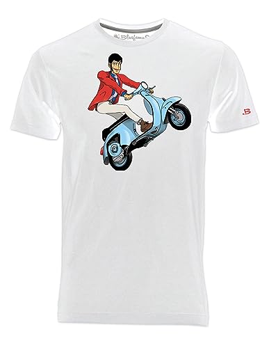 Blasfemus T-Shirt für Herren Lupin III auf Vespa Special Cartoons 80er Jahre Manga, Weiß, XL von Blasfemus