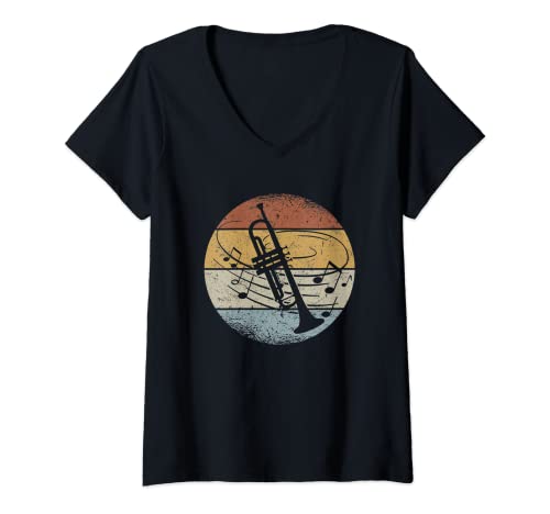 Damen Trompetenspieler Orchester Musiker Noten Retro Trompete T-Shirt mit V-Ausschnitt von Blasmusik Geschenke für Trompeter