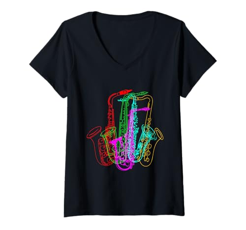 Damen Vintage Saxophone 90er 80er Saxophon Jazz Musiker T-Shirt mit V-Ausschnitt Damen Vintage Saxophone 90er 80er Saxophon Jazz Musiker T-Shirt mit V-Ausschnitt von Blasmusik Saxofon Jazz Musiker Geschenke