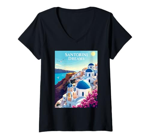 Damen Santorini Blue Domes Santorini Dreams T-Shirt mit V-Ausschnitt Damen Santorini Blue Domes Santorini Dreams T-Shirt mit V-Ausschnitt von Blauer Kuppeltraum Santorini Griechenland