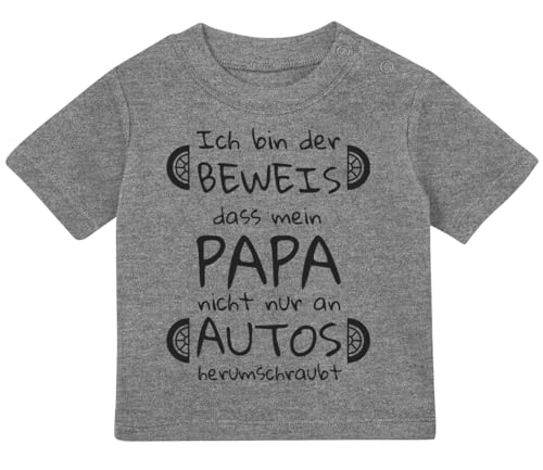 Baby Tshirt in Grau meliert 0-36 Monate Spruch für Kinder eines KFZ Mechatronikers, Autoschrauber Geschenk zur Geburt Papa schraubt Nicht nur an Autos T-Shirt für Kleinkind von Blauer-Storch